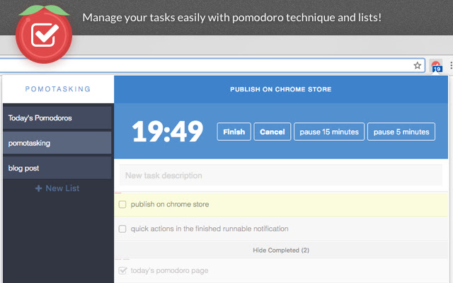Pomotasking: Tasks lists with Pomodoro Timer from Chrome web store to be run with OffiDocs Chromium online Pomotasking: Tasks lists with Pomodoro Timer from Chrome web store to be run with OffiDocs Chromium online