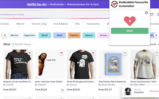 Redbubble Favorite Automator from Chrome web store to be run with OffiDocs Chromium online Redbubble Favorite Automator from Chrome web store to be run with OffiDocs Chromium online