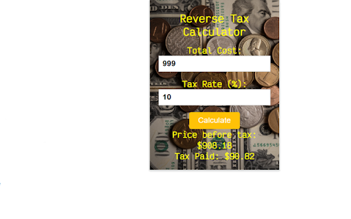 Reverse Tax Calculator from Chrome web store to be run with OffiDocs Chromium online Reverse Tax Calculator from Chrome web store to be run with OffiDocs Chromium online