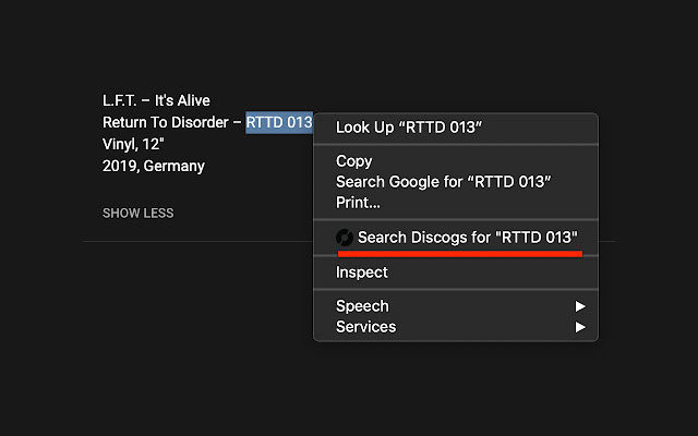 Search Discogs for selected text from Chrome web store to be run with OffiDocs Chromium online Search Discogs for selected text from Chrome web store to be run with OffiDocs Chromium online