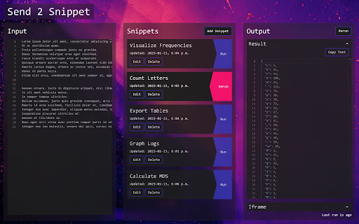 Send 2 Snippet from Chrome web store to be run with OffiDocs Chromium online Send 2 Snippet from Chrome web store to be run with OffiDocs Chromium online