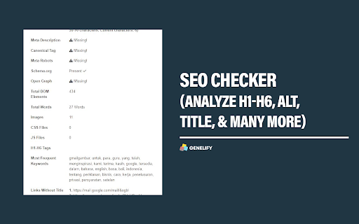 SEO Checker Genelify from Chrome web store to be run with OffiDocs Chromium online SEO Checker Genelify from Chrome web store to be run with OffiDocs Chromium online