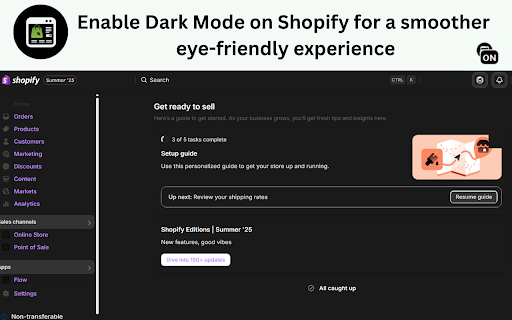 Shopify Dark Mode from Chrome web store to be run with OffiDocs Chromium online Shopify Dark Mode from Chrome web store to be run with OffiDocs Chromium online