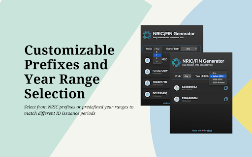 Singapore Random NRIC and FIN Generator from Chrome web store to be run with OffiDocs Chromium online Singapore Random NRIC and FIN Generator from Chrome web store to be run with OffiDocs Chromium online