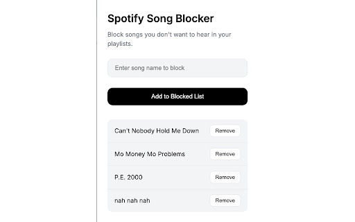 Spotify Song Blocker from Chrome web store to be run with OffiDocs Chromium online Spotify Song Blocker from Chrome web store to be run with OffiDocs Chromium online
