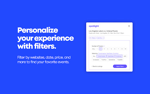 Spotlight: Ticket Price Comparison from Chrome web store to be run with OffiDocs Chromium online Spotlight: Ticket Price Comparison from Chrome web store to be run with OffiDocs Chromium online