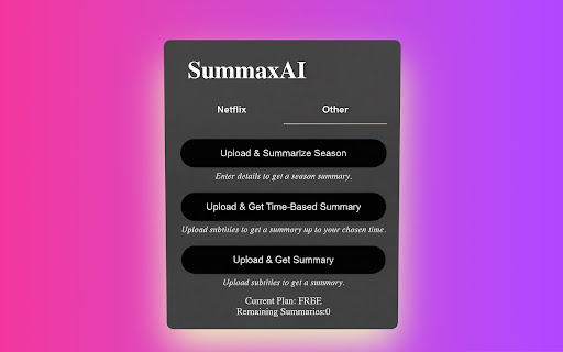 Summax AI: Summarize Netflix movies/shows up to current playback time from Chrome web store to be run with OffiDocs Chromium online Summax AI: Summarize Netflix movies/shows up to current playback time from Chrome web store to be run with OffiDocs Chromium online