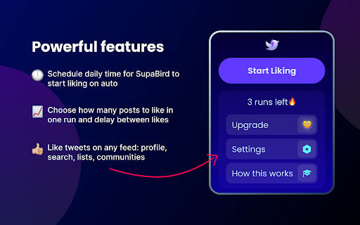 SupaBird Grow Your Twitter With Auto Likes and Viral Posts from Chrome web store to be run with OffiDocs Chromium online SupaBird Grow Your Twitter With Auto Likes and Viral Posts from Chrome web store to be run with OffiDocs Chromium online