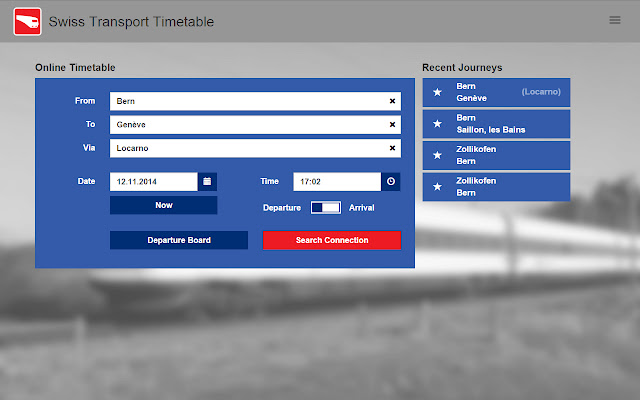 Swiss Transport Timetable from Chrome web store to be run with OffiDocs Chromium online Swiss Transport Timetable from Chrome web store to be run with OffiDocs Chromium online