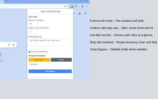 Tab Limit Enforcer from Chrome web store to be run with OffiDocs Chromium online Tab Limit Enforcer from Chrome web store to be run with OffiDocs Chromium online