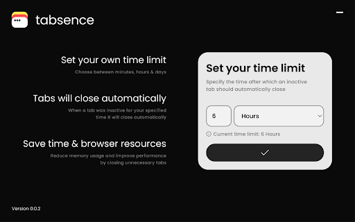 Tabsence: Inactive Tab Manager from Chrome web store to be run with OffiDocs Chromium online Tabsence: Inactive Tab Manager from Chrome web store to be run with OffiDocs Chromium online