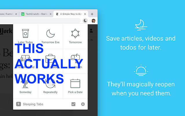 Tab Snooze Works as of Nov 7 2021 from Chrome web store to be run with OffiDocs Chromium online Tab Snooze Works as of Nov 7 2021 from Chrome web store to be run with OffiDocs Chromium online