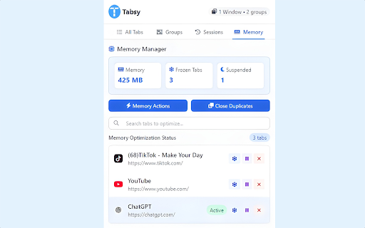 Tabsy: Optimize Your Tab Management from Chrome web store to be run with OffiDocs Chromium online Tabsy: Optimize Your Tab Management from Chrome web store to be run with OffiDocs Chromium online