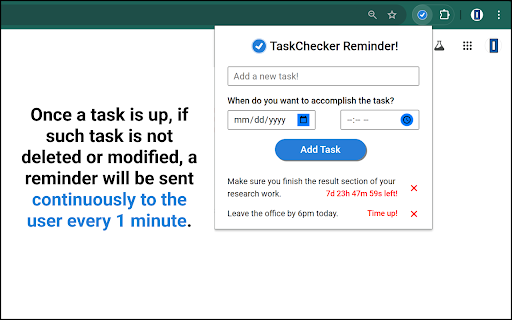 TaskChecker Reminder from Chrome web store to be run with OffiDocs Chromium online TaskChecker Reminder from Chrome web store to be run with OffiDocs Chromium online