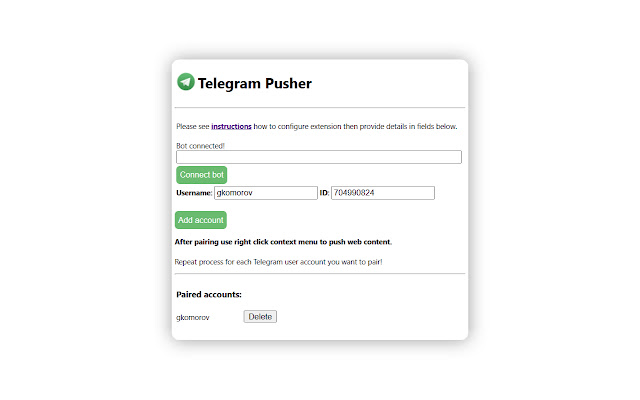 Telegram Pusher from Chrome web store to be run with OffiDocs Chromium online Telegram Pusher from Chrome web store to be run with OffiDocs Chromium online