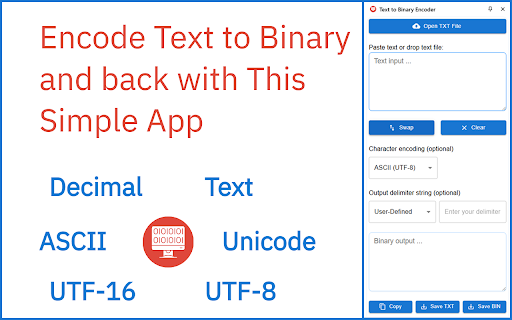 Text to Binary Encoder from Chrome web store to be run with OffiDocs Chromium online Text to Binary Encoder from Chrome web store to be run with OffiDocs Chromium online