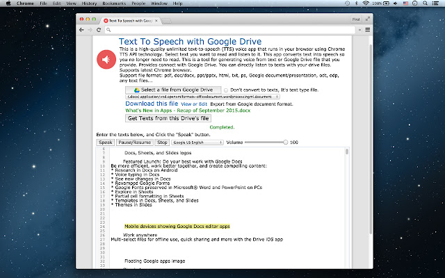 Text To Speech with Google Drive from Chrome web store to be run with OffiDocs Chromium online Text To Speech with Google Drive from Chrome web store to be run with OffiDocs Chromium online