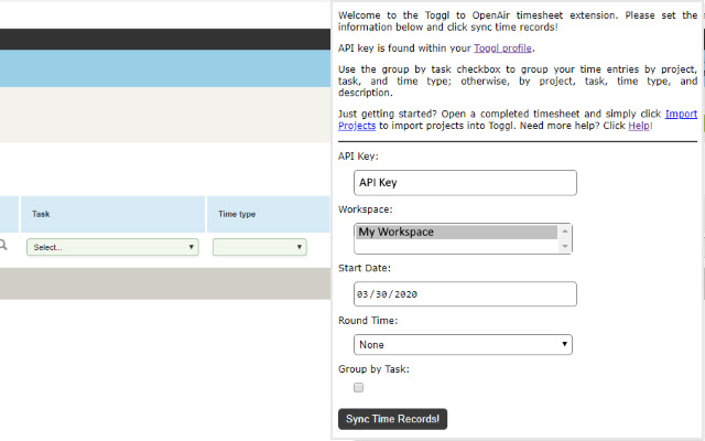 Toggl to OpenAir Timesheets from Chrome web store to be run with OffiDocs Chromium online Toggl to OpenAir Timesheets from Chrome web store to be run with OffiDocs Chromium online
