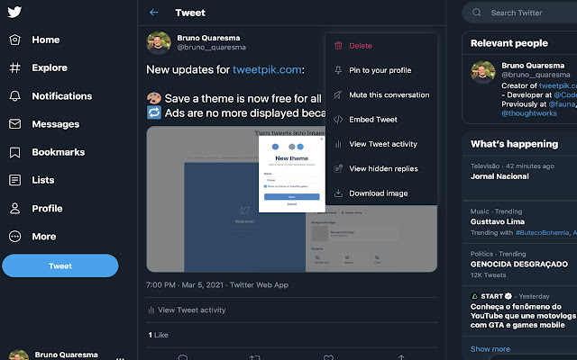 TweetPik Perfect Twitter Screenshots from Chrome web store to be run with OffiDocs Chromium online TweetPik Perfect Twitter Screenshots from Chrome web store to be run with OffiDocs Chromium online
