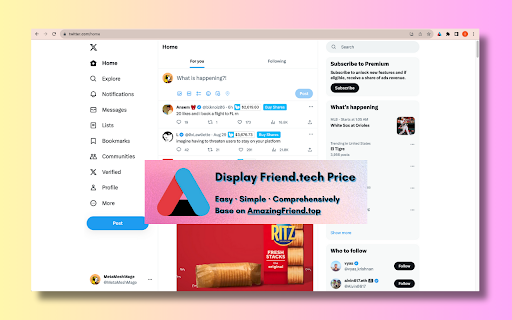 Twitter FriendTech price display from Chrome web store to be run with OffiDocs Chromium online Twitter FriendTech price display from Chrome web store to be run with OffiDocs Chromium online