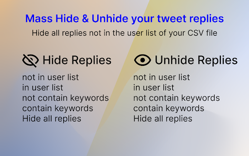 TwReplyHider X/Twitter Bulk Hide Replies from Chrome web store to be run with OffiDocs Chromium online TwReplyHider X/Twitter Bulk Hide Replies from Chrome web store to be run with OffiDocs Chromium online