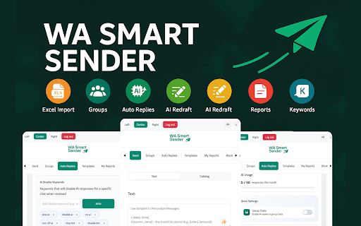 WA Smart Sender from Chrome web store to be run with OffiDocs Chromium online WA Smart Sender from Chrome web store to be run with OffiDocs Chromium online