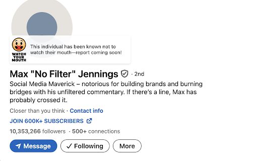 Watch Your Mouth – Keep LinkedIn Professional from Chrome web store to be run with OffiDocs Chromium online Watch Your Mouth – Keep LinkedIn Professional from Chrome web store to be run with OffiDocs Chromium online