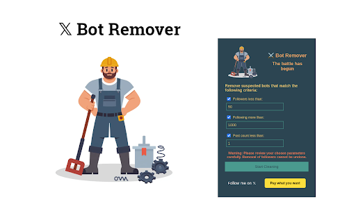 X Bot Remover from Chrome web store to be run with OffiDocs Chromium online X Bot Remover from Chrome web store to be run with OffiDocs Chromium online