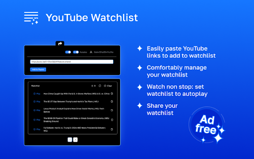 YouTube Watchlist from Chrome web store to be run with OffiDocs Chromium online YouTube Watchlist from Chrome web store to be run with OffiDocs Chromium online