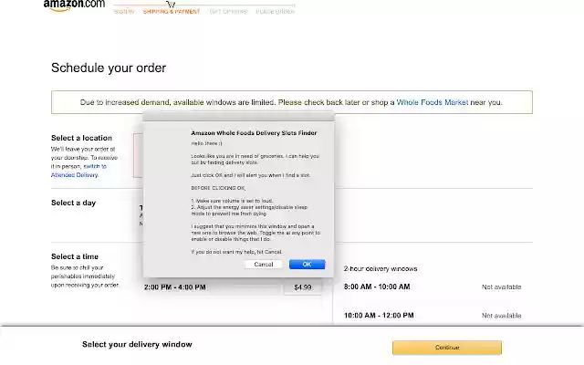 Amazon Whole Foods Delivery Slots Finder from Chrome web store to be run with OffiDocs Chromium online Amazon Whole Foods Delivery Slots Finder from Chrome web store to be run with OffiDocs Chromium online