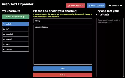 Auto Text Expander: Text Shortcuts Snippets from Chrome web store to be run with OffiDocs Chromium online Auto Text Expander: Text Shortcuts Snippets from Chrome web store to be run with OffiDocs Chromium online