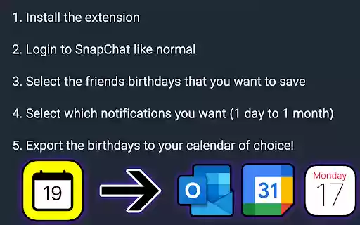 Birthday Export for Snapchat from Chrome web store to be run with OffiDocs Chromium online Birthday Export for Snapchat from Chrome web store to be run with OffiDocs Chromium online