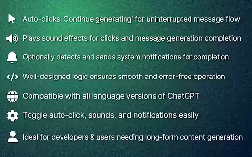 ChatGPT Automatically Continue generating with Completion Notification from Chrome web store to be run with OffiDocs Chromium online ChatGPT Automatically Continue generating with Completion Notification from Chrome web store to be run with OffiDocs Chromium online