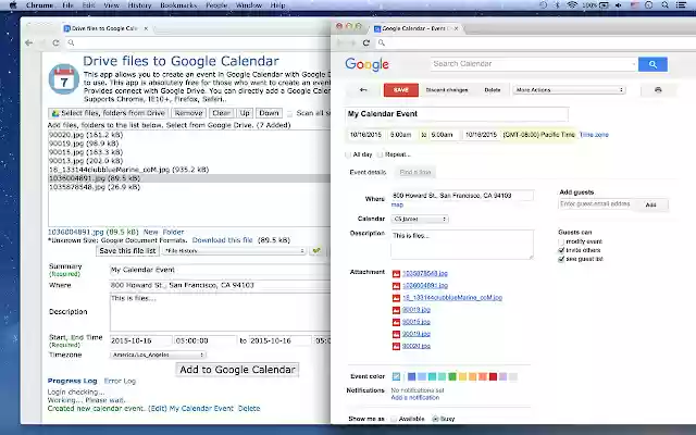 Drive files to Google Calendar from Chrome web store to be run with OffiDocs Chromium online Drive files to Google Calendar from Chrome web store to be run with OffiDocs Chromium online