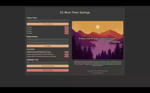 E2 Work Timer from Chrome web store to be run with OffiDocs Chromium online E2 Work Timer from Chrome web store to be run with OffiDocs Chromium online
