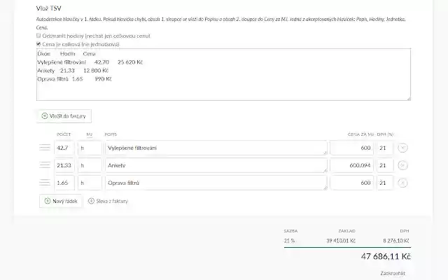 Fakturoid import z TSV (Excel) from Chrome web store to be run with OffiDocs Chromium online Fakturoid import z TSV (Excel) from Chrome web store to be run with OffiDocs Chromium online