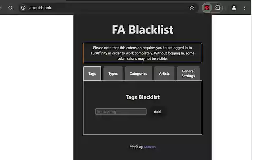 FurAffinity (FA) Blacklist from Chrome web store to be run with OffiDocs Chromium online FurAffinity (FA) Blacklist from Chrome web store to be run with OffiDocs Chromium online
