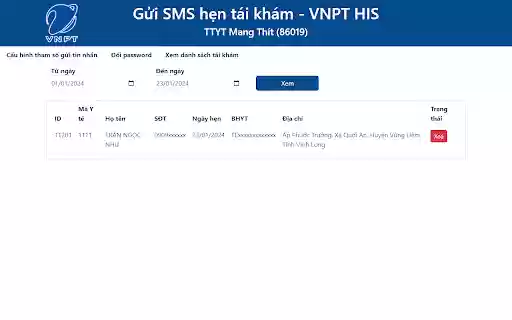 Gửi SMS Hẹn Tái Khám VNPT HIS 86019 from Chrome web store to be run with OffiDocs Chromium online Gửi SMS Hẹn Tái Khám VNPT HIS 86019 from Chrome web store to be run with OffiDocs Chromium online