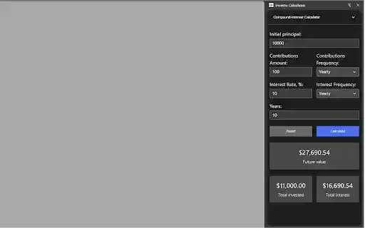 Investo Calculator from Chrome web store to be run with OffiDocs Chromium online Investo Calculator from Chrome web store to be run with OffiDocs Chromium online