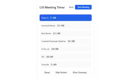 L10 Meeting Timer from Chrome web store to be run with OffiDocs Chromium online L10 Meeting Timer from Chrome web store to be run with OffiDocs Chromium online