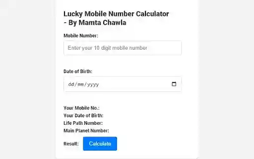Lucky Mobile Number Calculator by Mamta Chawla from Chrome web store to be run with OffiDocs Chromium online Lucky Mobile Number Calculator by Mamta Chawla from Chrome web store to be run with OffiDocs Chromium online