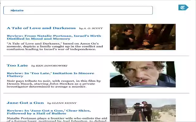 Movie Reviews from the New York Times API from Chrome web store to be run with OffiDocs Chromium online Movie Reviews from the New York Times API from Chrome web store to be run with OffiDocs Chromium online