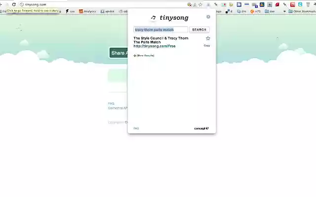 Tinysong Grooveshark Extension from Chrome web store to be run with OffiDocs Chromium online Tinysong Grooveshark Extension from Chrome web store to be run with OffiDocs Chromium online