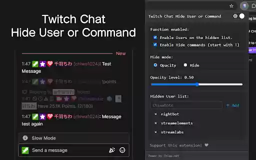 Twitch Chat Hide User or Command from Chrome web store to be run with OffiDocs Chromium online Twitch Chat Hide User or Command from Chrome web store to be run with OffiDocs Chromium online