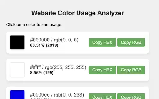 Website Color Usage Analyzer from Chrome web store to be run with OffiDocs Chromium online Website Color Usage Analyzer from Chrome web store to be run with OffiDocs Chromium online
